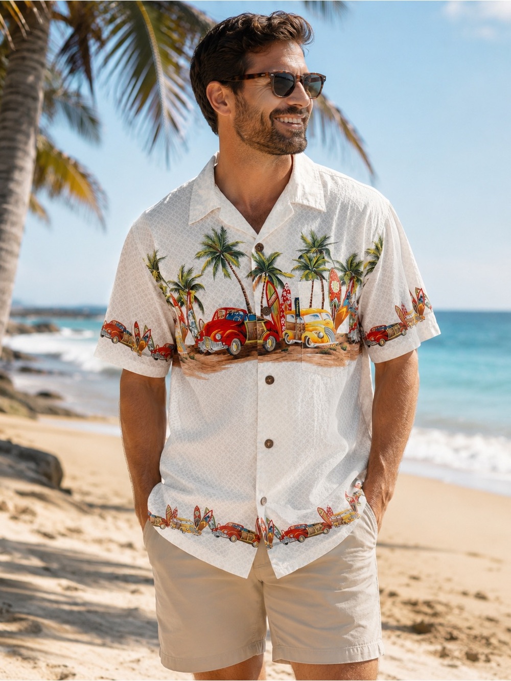 Palmwave Hawaii Aloha Shirt Mens S Surfboard Woody Car Palm Tree 100% Cotton